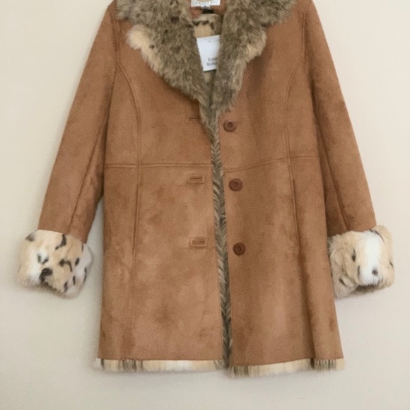 VTG Talbots women Size MP brown suede faux fur animal print reversible JacketNWT - Picture 2 of 16